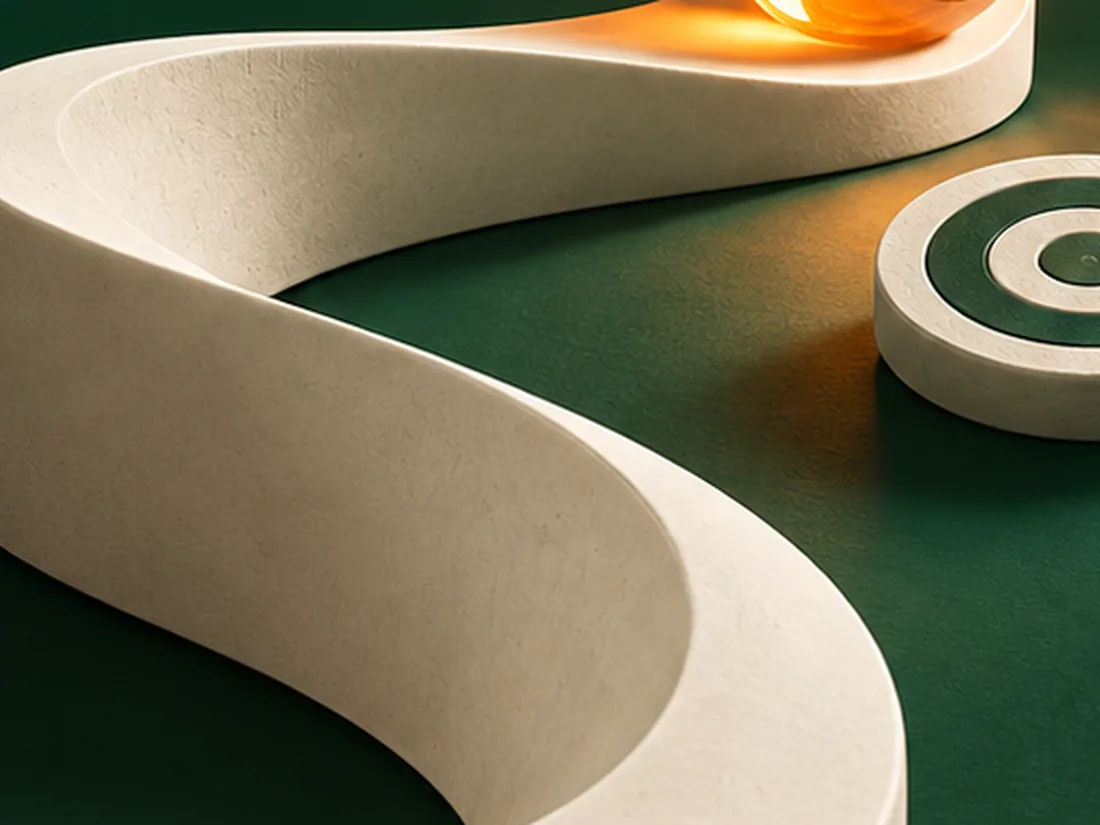 Turn attention into action. A glowing orange sphere rolling along a winding cream path towards a target.