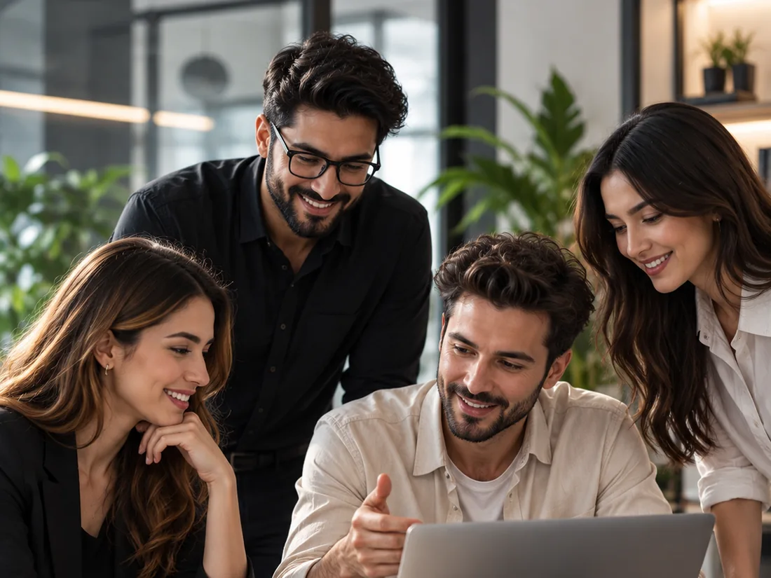 Four colleagues gathered around a laptop in an office, talking through work together.
