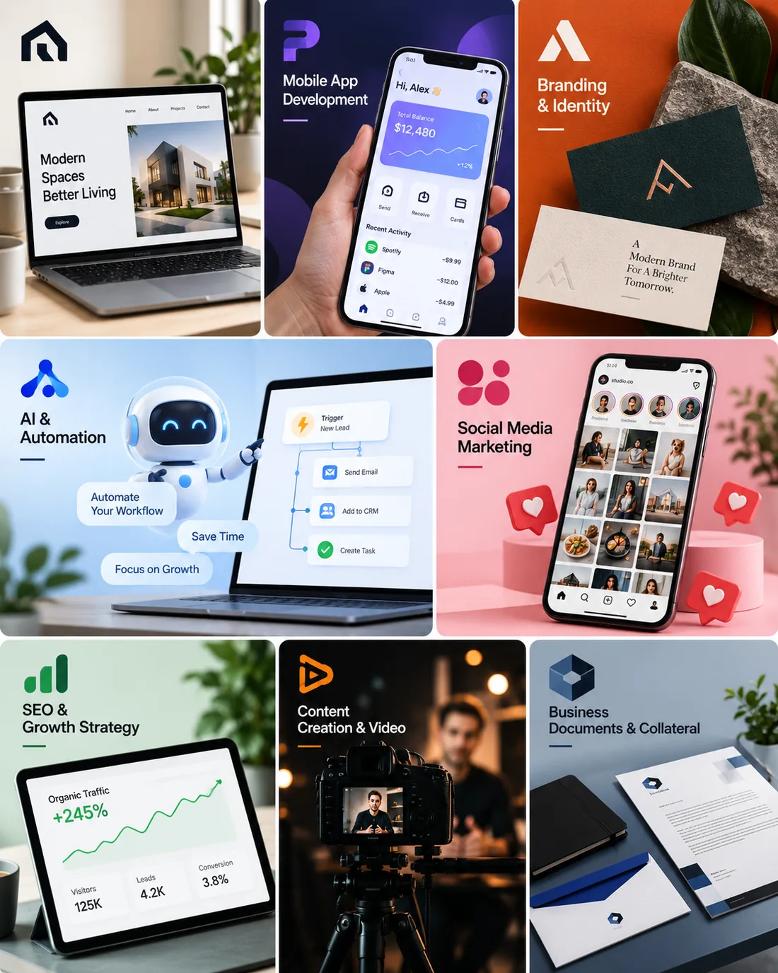 Nine service tiles: website design, mobile app development, branding and identity, AI and automation, social media marketing, SEO and growth strategy, content creation and video, and business documents and collateral.